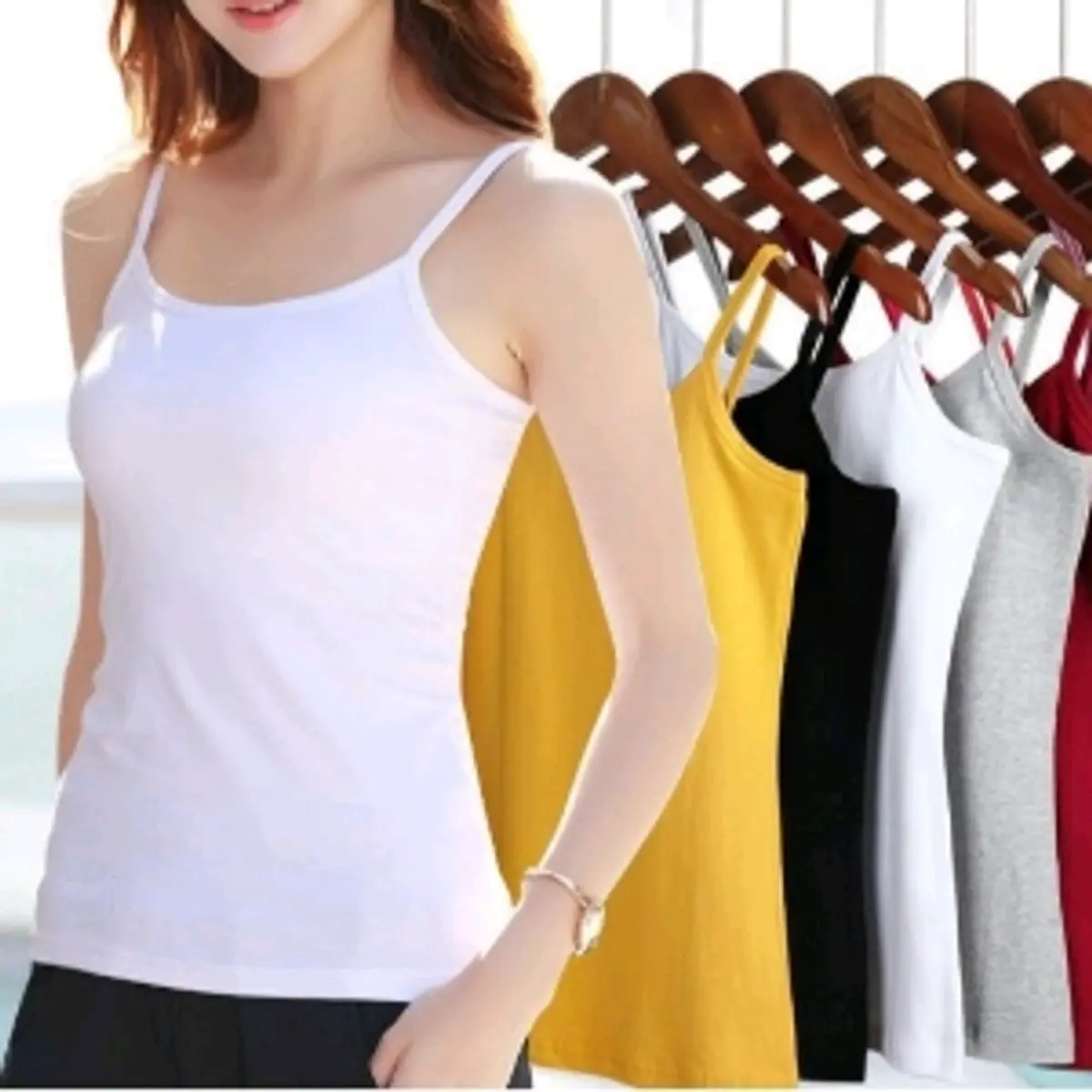TankTop Cewek Atasan tali besar dan kecil bahan kaos dan spandek Hitam Panjang