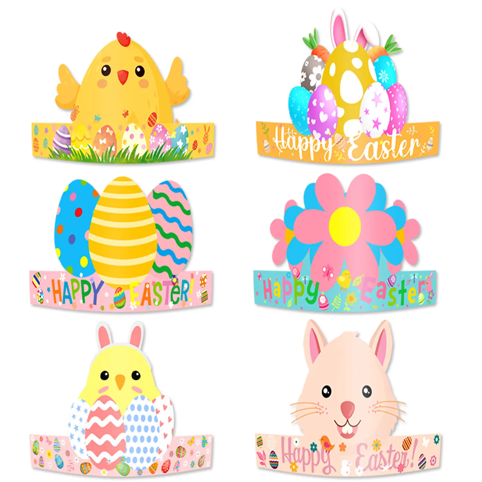 Easter Crowns for Kids Aults 6/12/18 Pcs Set Cute Bunny/Egg/Chick Pattern Paper Headband Costume Accessory