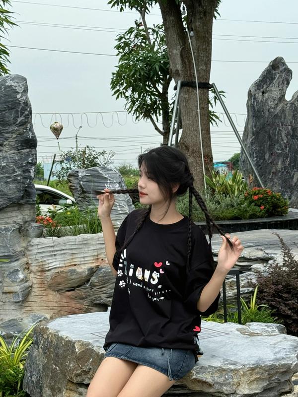 Áo Thun In Lụa ZIOUS CAT FOOTPRINTS Tee Unisex Cotton Cổ Tròn Form Rộng Dáng Suông Top Nam Nữ 2