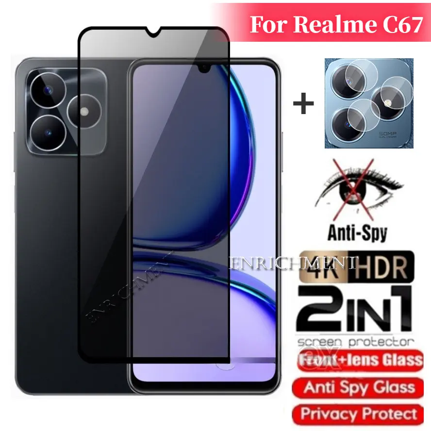 2in1 Private Tempered Glass For Realme C63 2024 4G RealmeC63 Real Me C53 C 63 C51 Note50 5G Anti-Spy Screen Protector 9H Full Cover Anti Peek Privacy Camera Lens Film Protective