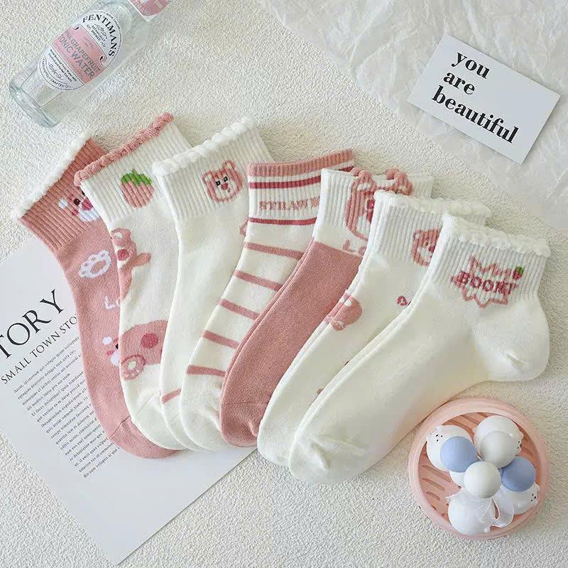 Set 5 Đôi Tất Cổ Ngắn Họa Tiết Gấu Dâu Tây Màu Hồng Siêu Hot Tcn1 J204