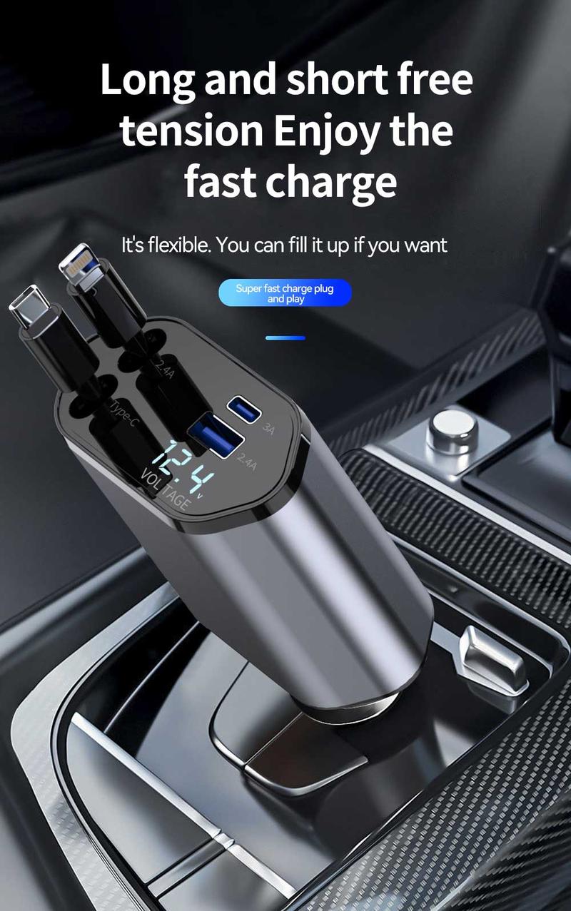 Product Introduction of new 120W multi-functional car charger for car charging elastic recovery for Apple jack and Typr-C with numerical display direction adjustable multi-port work simultaneously luggage  holder universal  travel tessan  travel Ultra-Fast Multi-Device Type C 6