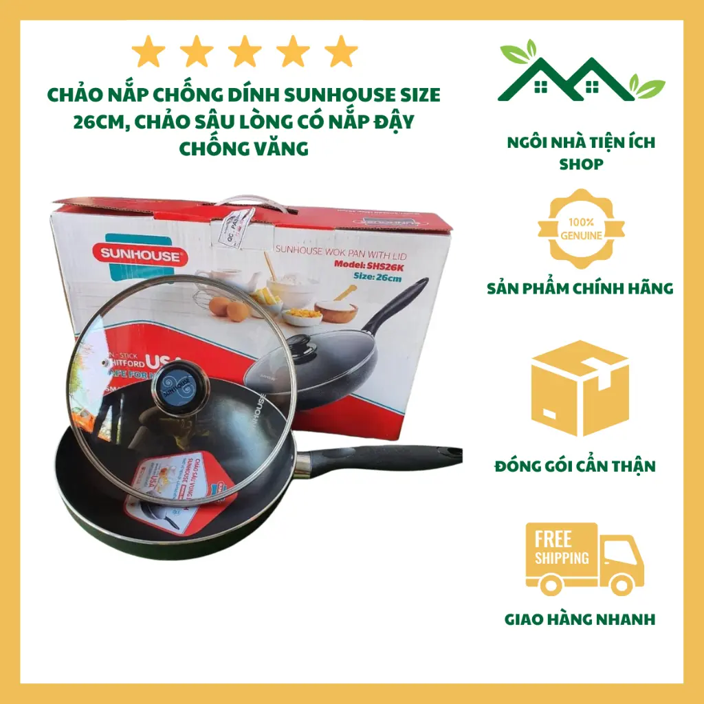 Chảo Nắp Chống Dính Sunhouse Mã SHS26K Size 26cm, Chảo Sâu Lòng Có Nắp Đậy Chống Văng