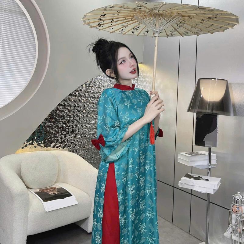 Áo Dài Nữ Thiết Kế EMME V1997 Form Suông Cổ Đứng Tay Loe Đính Nơ Nhung Cách Điệu [ Kèm Quần Lụa ] 4