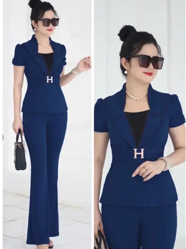 SÉT BỘ QUẦN ỐNG LOE GIẢ VEST ĐÍNH CHỮ H - THU XỐP  - HTL06 Nữ Women Áo Thun Top 5