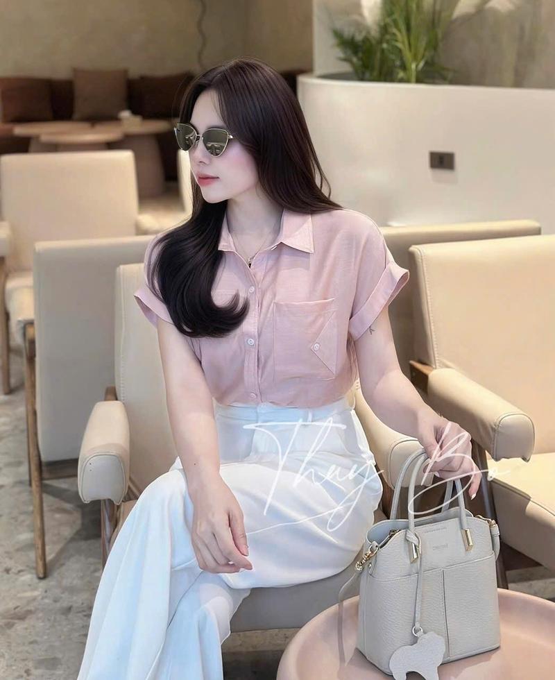 Product Introduction of Áo sơ mi cộc tay túi bên tay lật chất đũi tằm ít nhăn hai màu Hồng, trắng nhẹ nhàng thanh lịch cho nữ - Hàng l1, Full size s m l 12