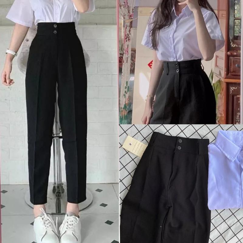 Quần tây nữ đi học lưng cao dáng dài ống đứng 2 khuy kiểu quần vải baggy học sinh đi làm sinh viên công sở cạp đáy cao có đỉa co giãn nhẹ Pants Denim Ong Women