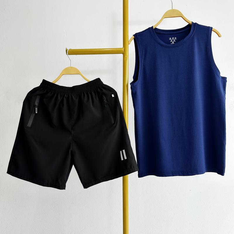Bộ 3 lỗ thể thao, bộ tanktop Nam gồm Áo thun caro Trơn và quần short gió khóa nổi