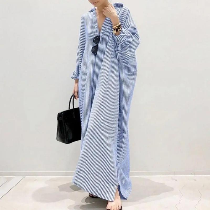 Product Introduction of New Elegant Striped Cardigan Loose Dress Womens Lapel Long Sleeve Long Shirt Dress Ladies Stripe Print Button Up Cardigan Dress 7