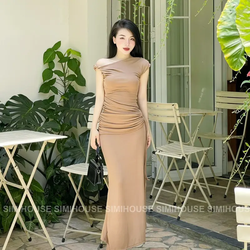 (SIMI HOUSE) VÁY BODY XOẮN VAI NHÚN CỘT EO / Đầm body  Thun đi tiệc xoắn vai nhíu eo  Women Dress 7