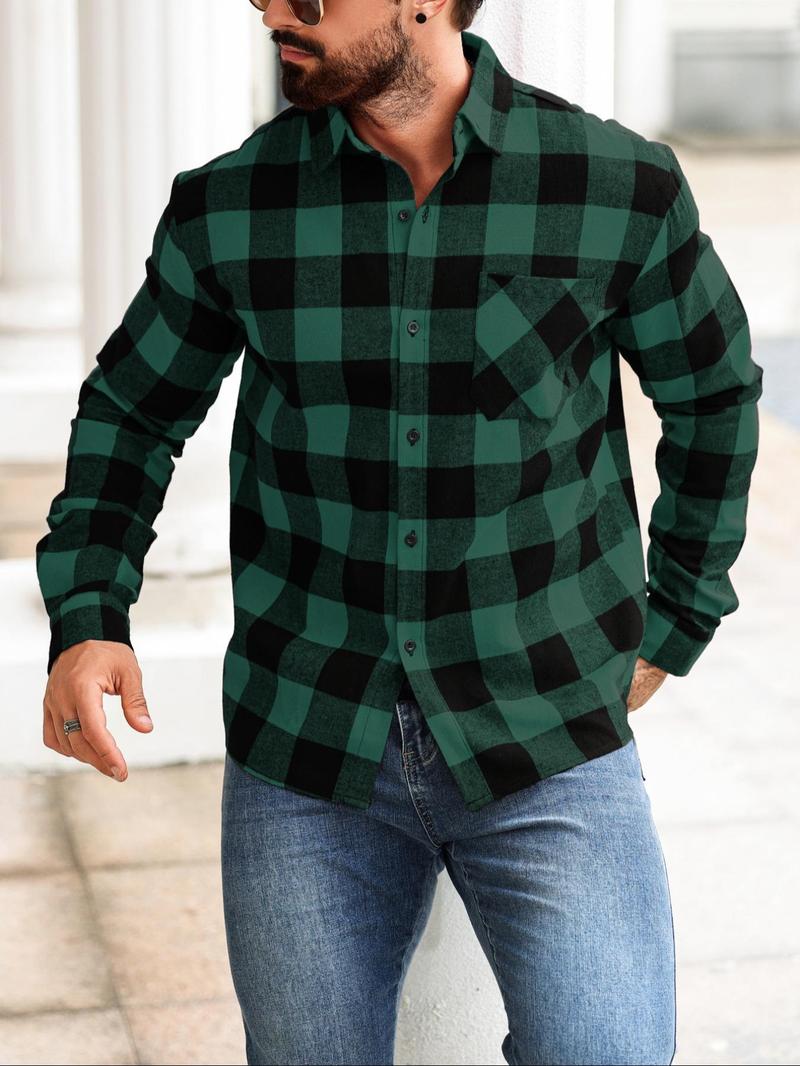 Product Introduction of Men's Plaid Print Pocket Shirt, Regular Fit Casual Long Sleeve Button Up Top for All Seasons, Men's Clothes for Daily Wear 5