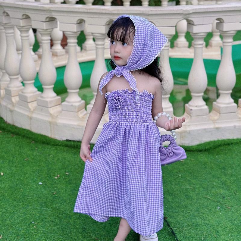 Váy maxi thun smock có cài áo hoa, kèm khăn 6