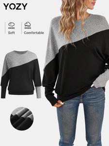 YOZY Women's Colorblock Print Round Neck Sweatshirt, Casual Long Sleeve Crew Neck Pullover for Daily Wear, Ladies Clothes for All Seasons