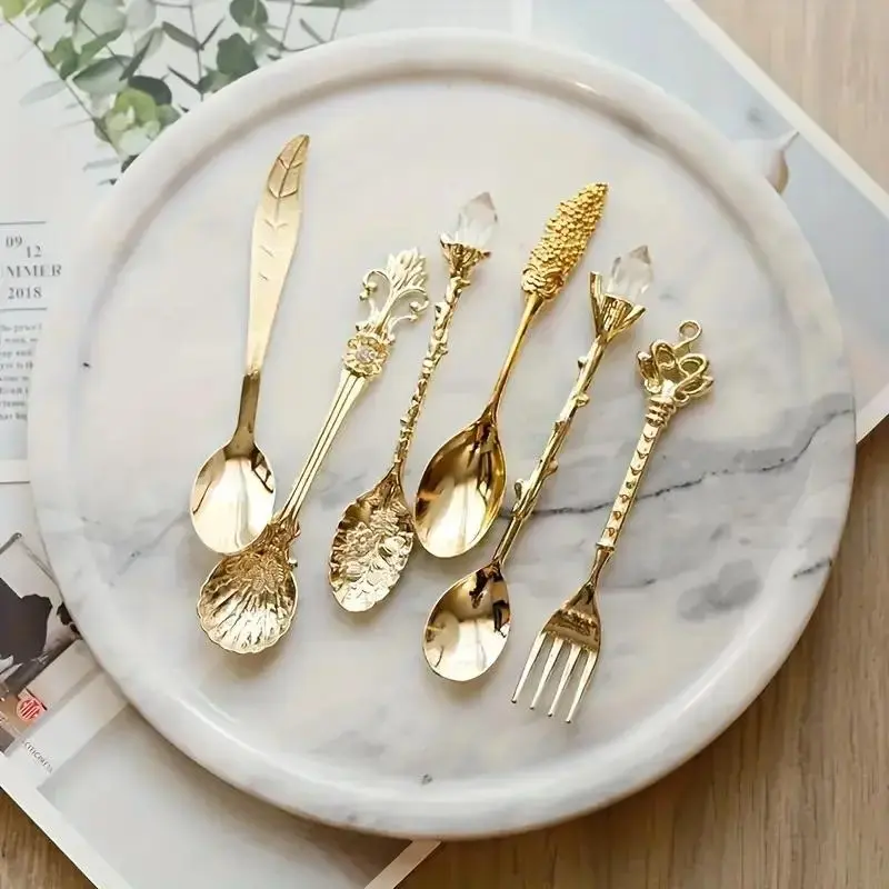 Vintage Coffee Spoon & Fork Set, 6 Counts/set Metal Exquisite Elegant Carved Coffee Snacks Fruit Dessert Teaspoon, Kitchen Utensils for Home Dining Room Picnic