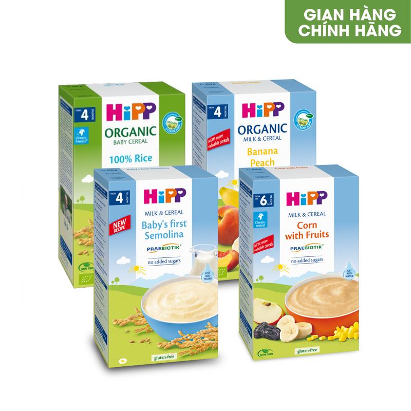  Combo 2 hộp Bột Ăn Dặm dinh dưỡng HiPP Organic đủ các vị  Không sữa 200g và Có sữa 250g  