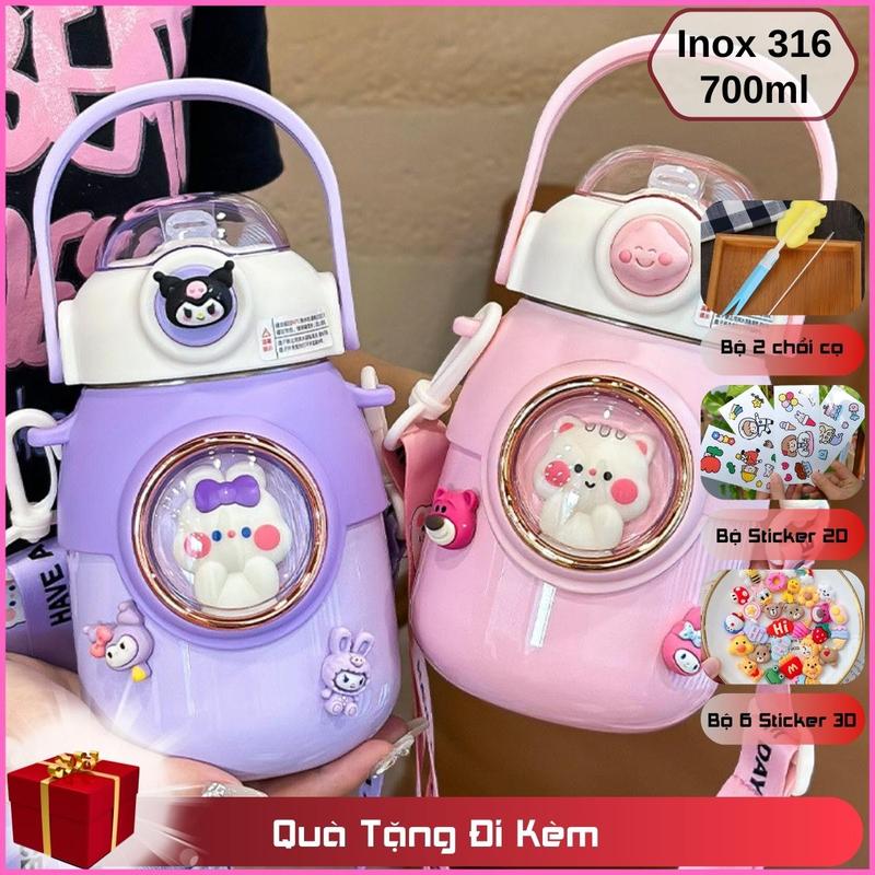 Bình nước giữ nhiệt trẻ em đi học INOX 316 700ml dễ thương đáng yêu cute có dây đeo tặng kèm sticker 2D, 3D, bộ rửa bình BBG0715 binh giu