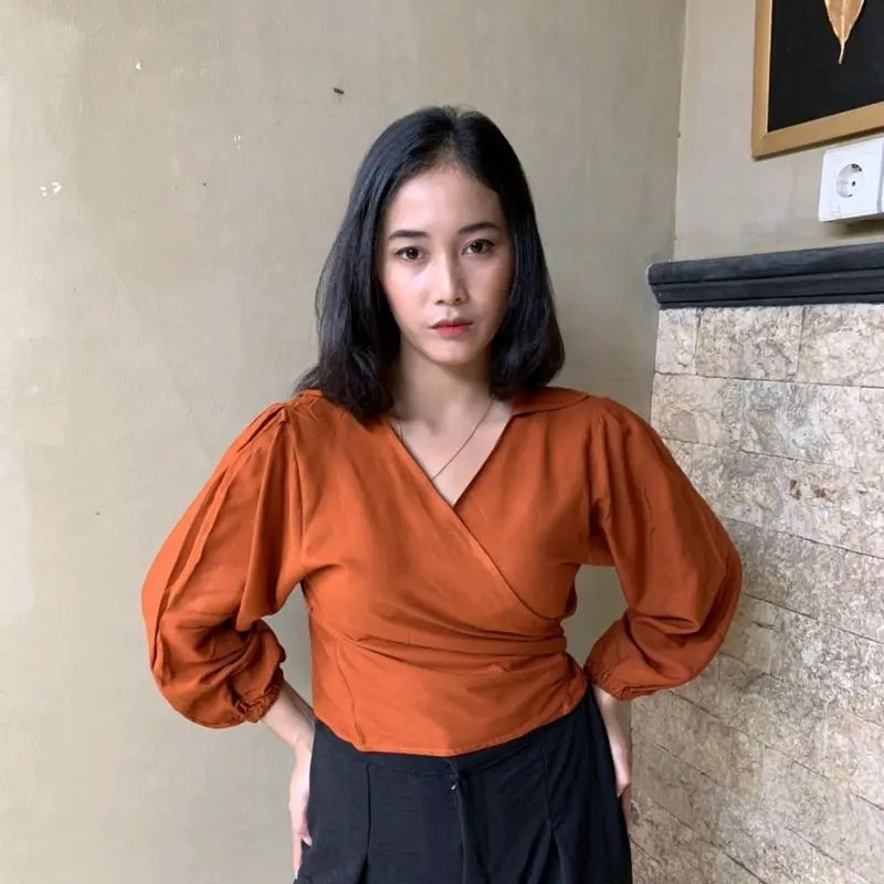 Wrap top atasan wanita model kimono lengan panjang V-Neck Polos Baju Simple Rayon 1