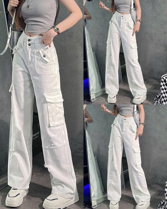 QUẦN JEAN NỮ TRẮNG TÚI HỘP CAO CẤP DÁNG SUÔNG LƯNG CAO 2 CÚC PHỐI TÚI ĐÍNH NÚT  RÁCH NHẸ TUA RUA MẪU MỚI THỜI TRANG TRẺ TRUNG CÁ TÍNH Pants