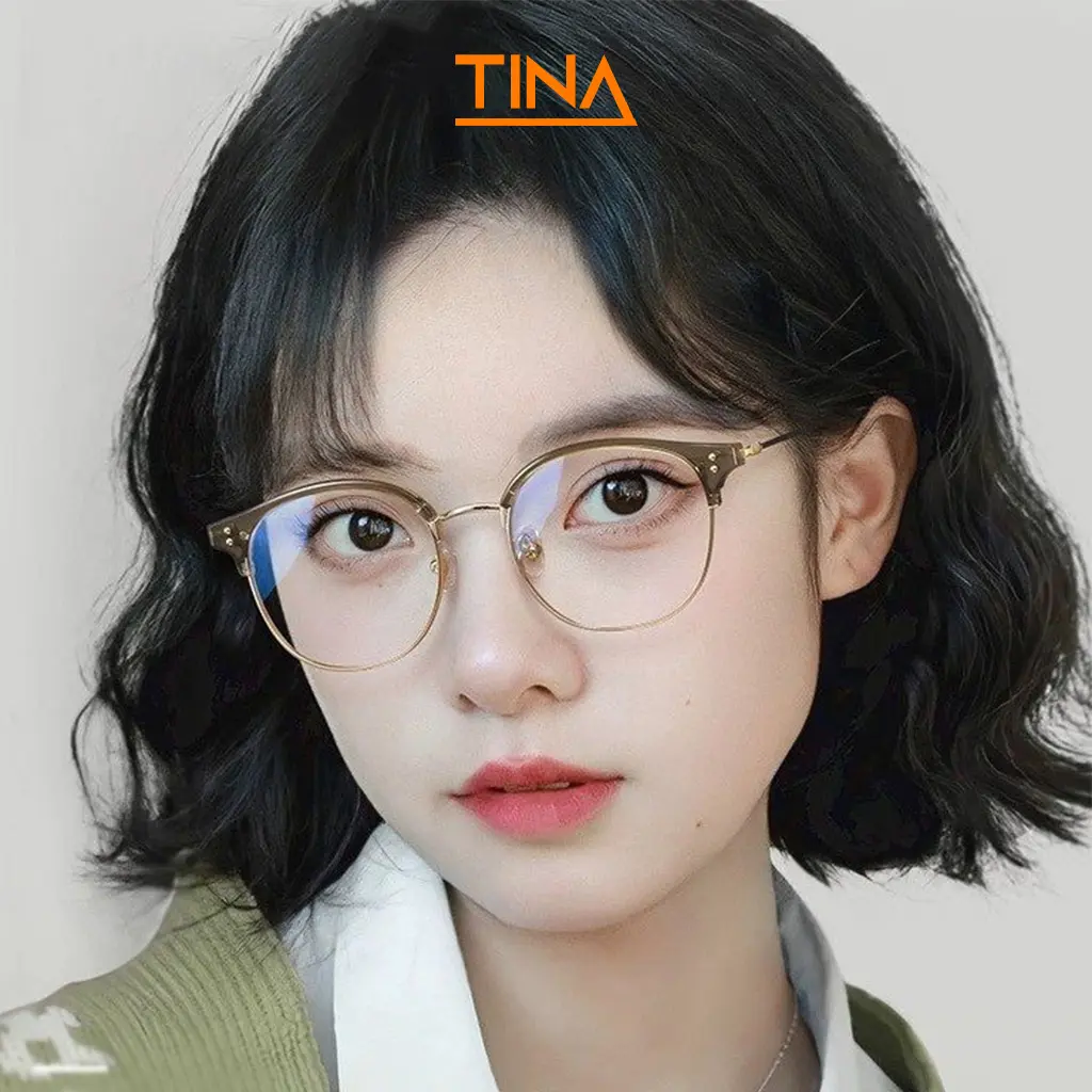 Gọng kính Nữ Nam TINA thiết kế gọng kim loại phối nhựa cao cấp kính nửa viền chống ánh sáng xanh K111