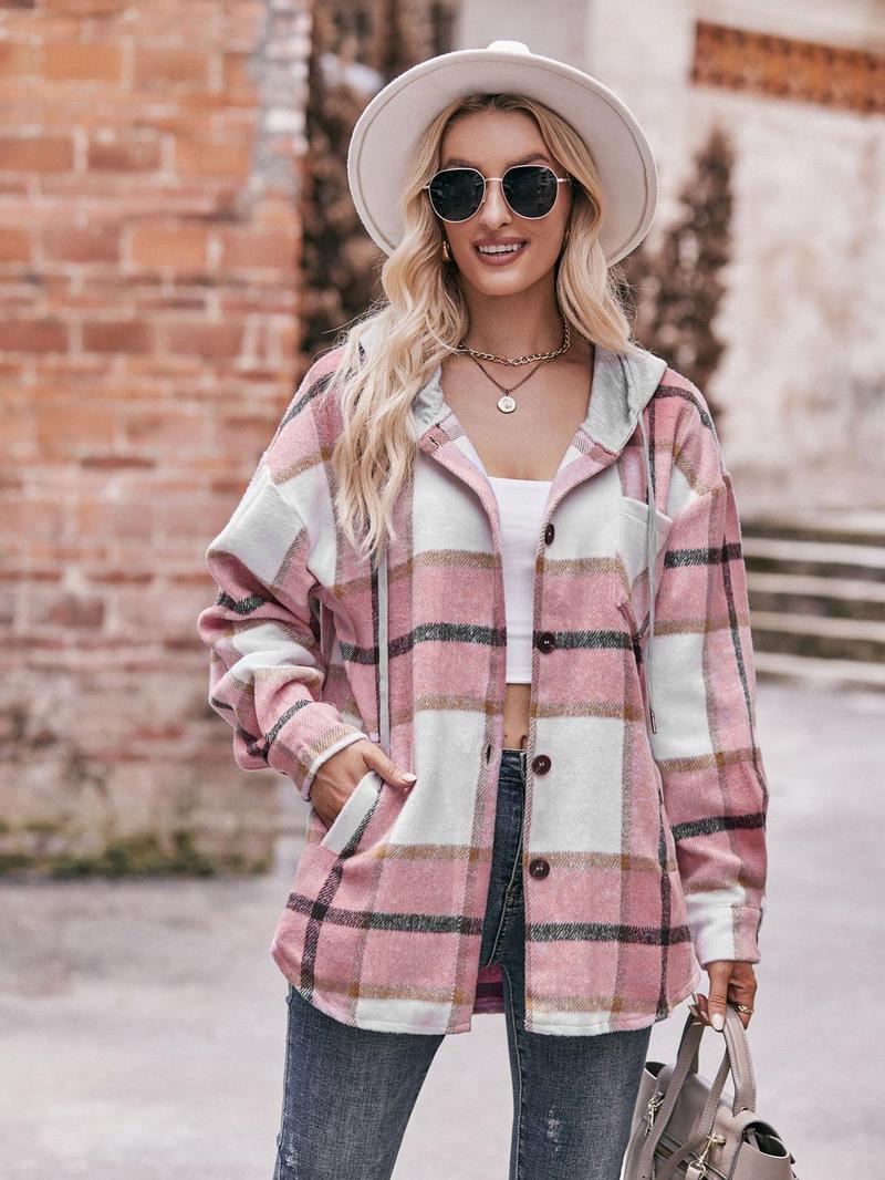 Product Introduction of Women's Plaid Print Button Front Drawstring Hooded Coat, Casual Drop Shoulder Long Sleeve Pocket Outerwear for Fall & Winter, Ladies Clothes for Daily Wear 1