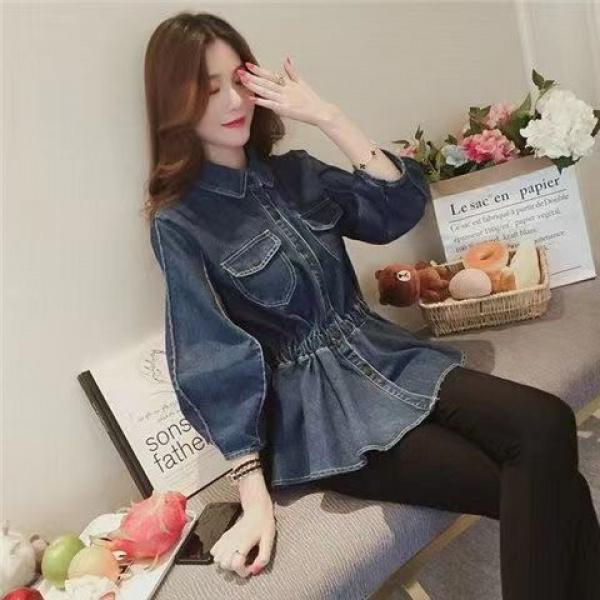 Product Introduction of [Denim jumper dress] shirt retro 2024 design denim new Hong Kong style elegant French top tight waist niche western style shirt jean sweater 5