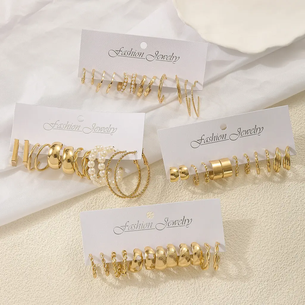 6 Set Anting Hoop Kotak Emas Perak Elegan Anting Mutiara Hati Bulat Anting Mutiara Anting Gaya Korea