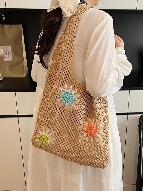 Women's Colorblock Flower Design Crochet Tote Bag, Casual Versatile Shoulder Bag for Daily Used, Trendy High-quality Daily Commuting Bag, Girl Fashionable Shopping Bag 3