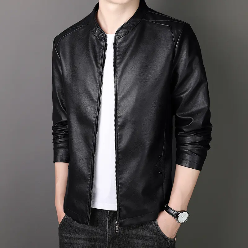 [Duke] Spring and Autumn men's leather jacket fashionable comfortable PU leather jacket light business dad stand collar jacket Menswear Coats Lingerie Longsleeve Chainsaw Beige Plain Casual Tops Knife