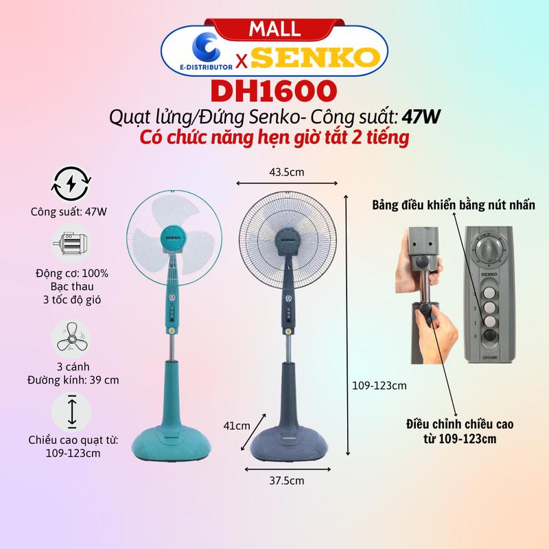 Quạt Đứng Cao Cấp Senko DH1600 Công Suất 47W - Có chế độ hẹn giờ - Hàng chính hãng - Bảo Hành 24 Tháng -Tiện Lợi