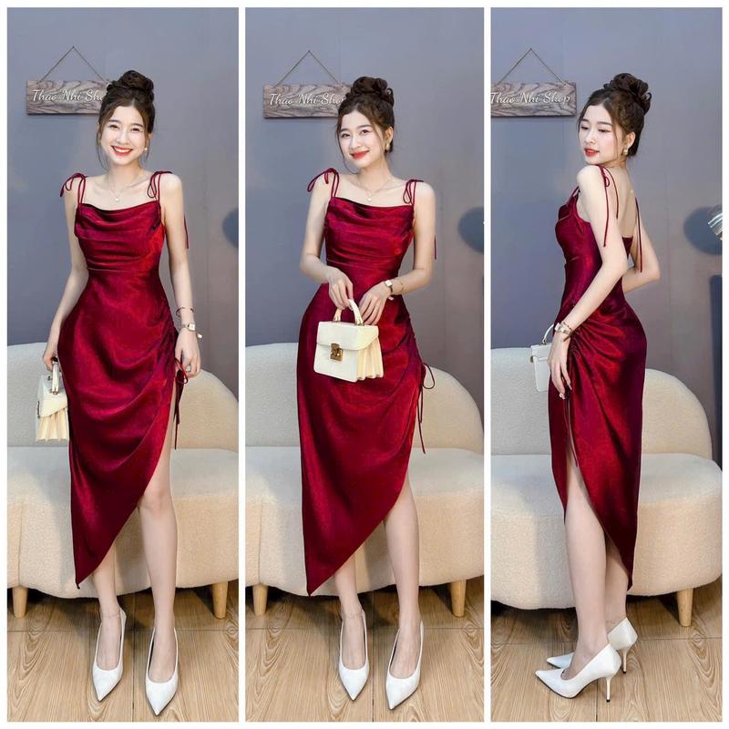 váy đầm body 2 dây chất lụa satin rút dây chất lụa mêm mịn xẻ đì dáng dài dự tiệc cao cấp Nữ Dress Màu Đỏ