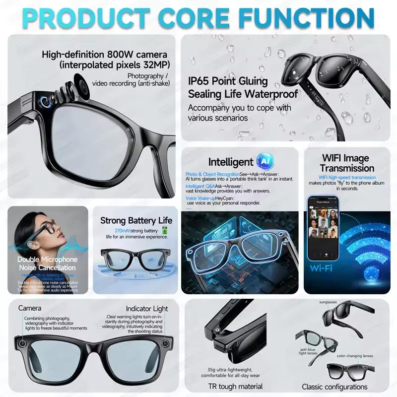 800W Pixels AI Smart Glasses with Camera Sunglasses Video Recorder Take a photo Translation HD Call Anti blue Glasses Man Women - Image 2