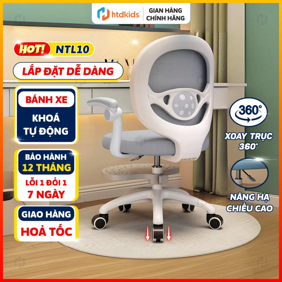 Ghế học sinh chống gù HTDkids NTL10 Tăng giảm chiều cao theo độ đuổi, gác chân gác tay tiện lợi cho các bé từ tiểu học tới trung học cơ sở
