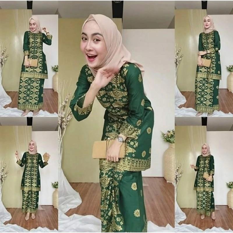 setelan songket kurung melayu hijau gold