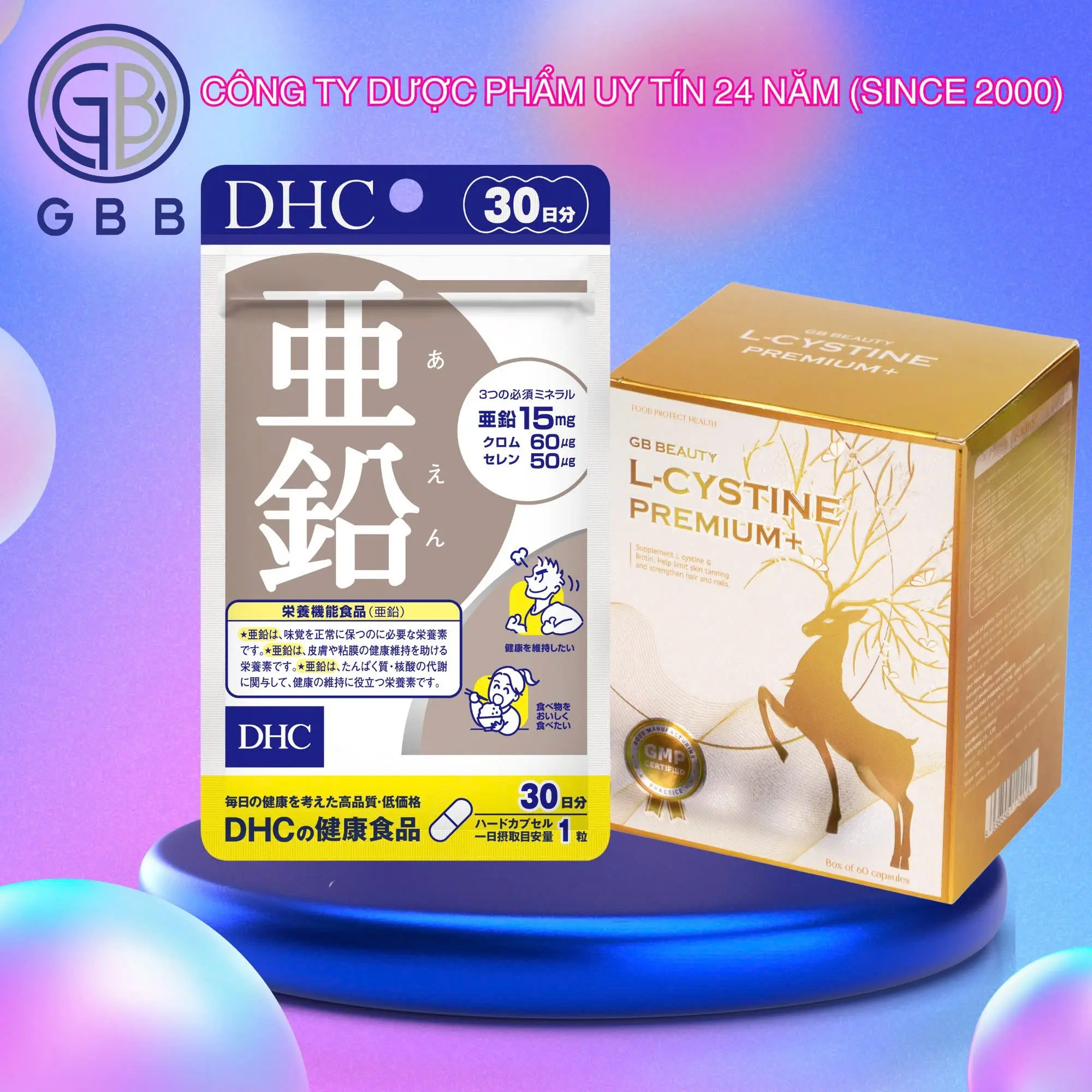 COMBO GB BEAUTY L-CYSTINE PREMIUM+ và Kẽm DHC Nhật Bản (L cystine hộp 60 viên; Kẽm gói 30 viên)