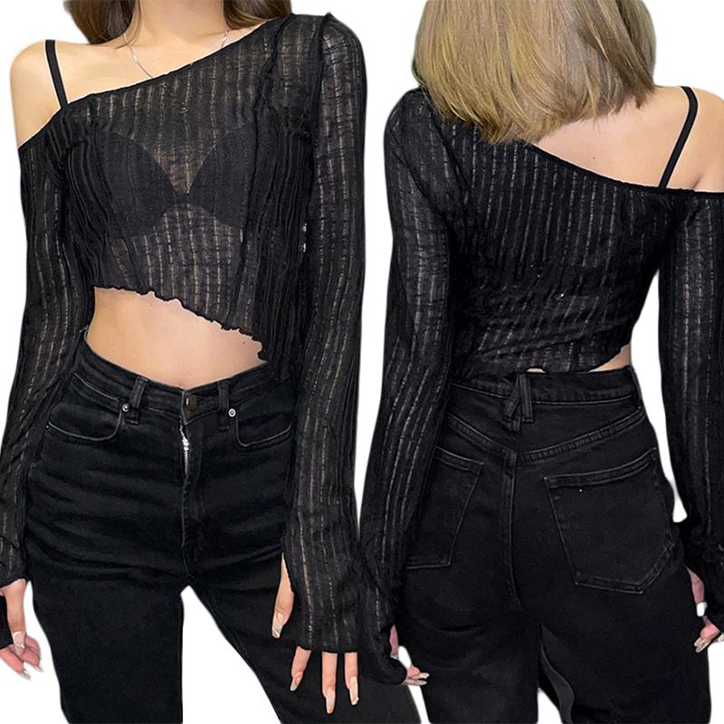 Product Introduction of dance1o1-Women Fashion Solid Color Oblique Shoulder Irregular Exposed Navel Tops 29
