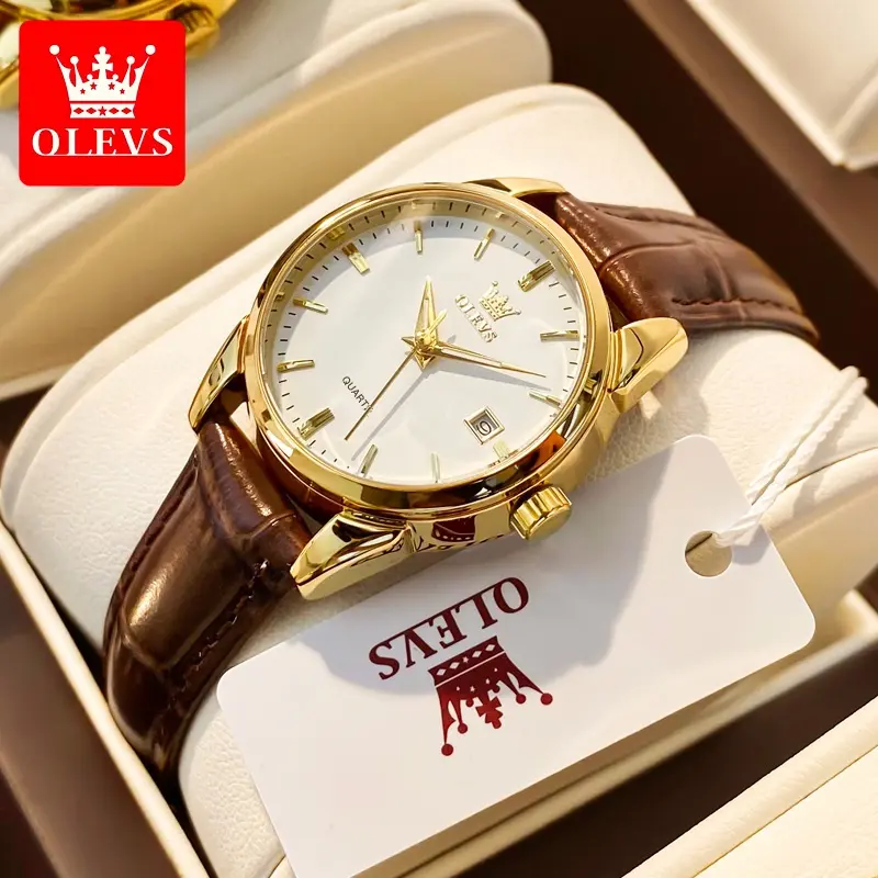 OLEVS นาฬิกาผู้หญิงแท้ สายหนัง กันน้ำ แสดงวันที่ ฟังก์ชั่นเรืองแสง นาฬิกาควอทซ์ กันตก และกันรอยขีดข่วน 6898