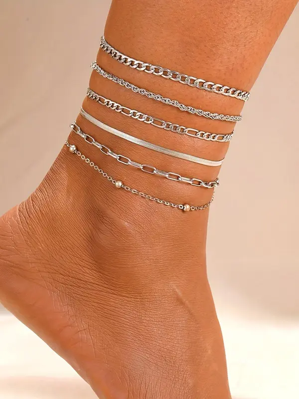 Women's Boho Style Minimalist Anklets, 6pcs/set Fashionable Retro Anklets for Women & Girls, Trendy All-match Vintage Body Jewelry As Gift for Summer Decor 4