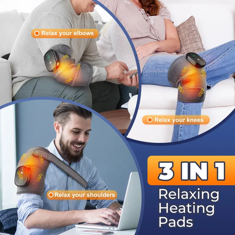 Electric Knee Massager, Rechargeable 3 in 1 Knee Elbow Shoulder Heating Pad, Wireless Hot Compress Relaxation Vibration Massage Tool for Home & Travel 3