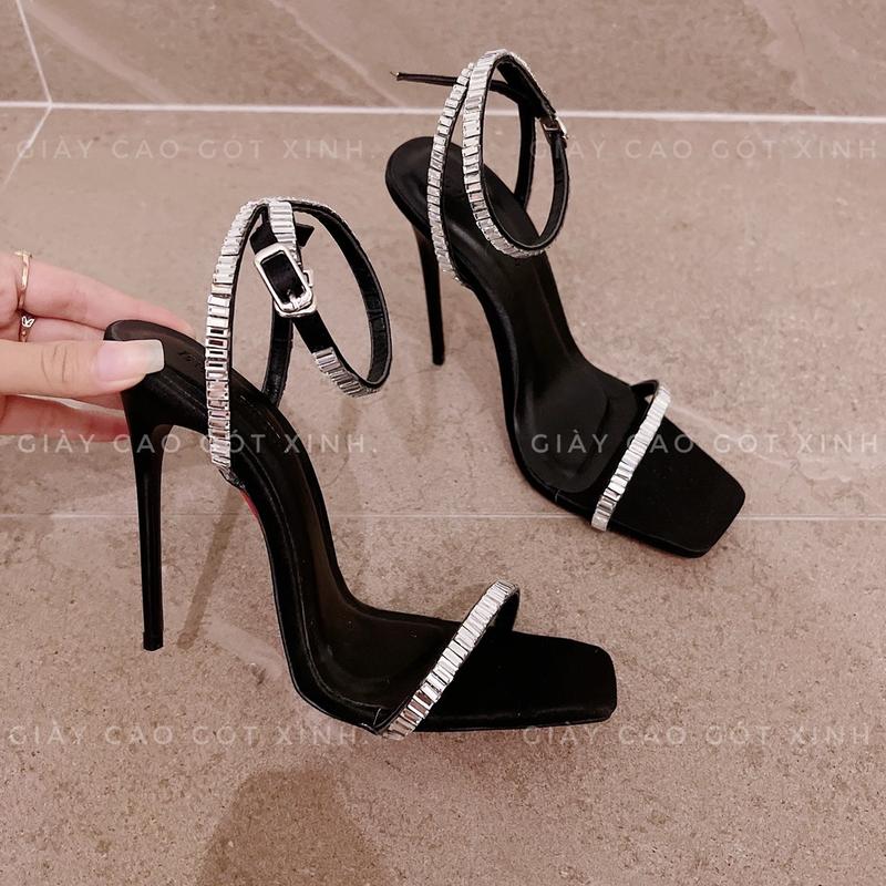 Giày cao gót xinh Sandal nữ quoai đá mũi vuông bling cao 8-12cm Shoes (H) DéP shoes hoa giày  sandal