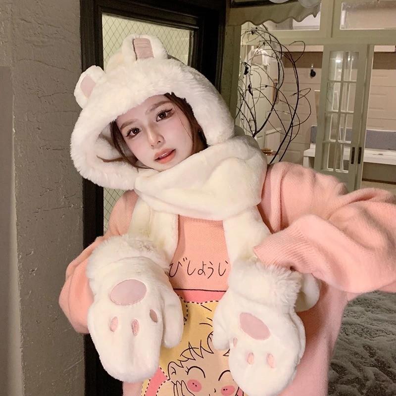 Khăn bông kèm mũ tai thỏ len lông mịn dày dặn và ấm áp thời trang 3 in 1 (khăn,mũ,găng tay) trống