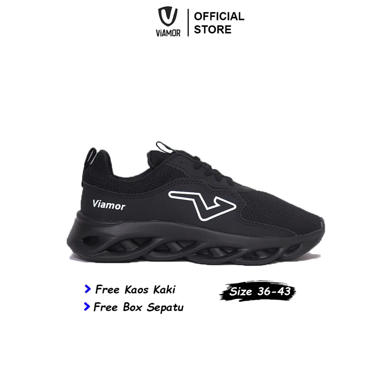 Sepatu Viamor Running Hero Series Hitam Polos / Sepatu Sneakers Casual Sport Pria Wanita Size 36-43  kerja  shoes  kasual Sekolah cowok