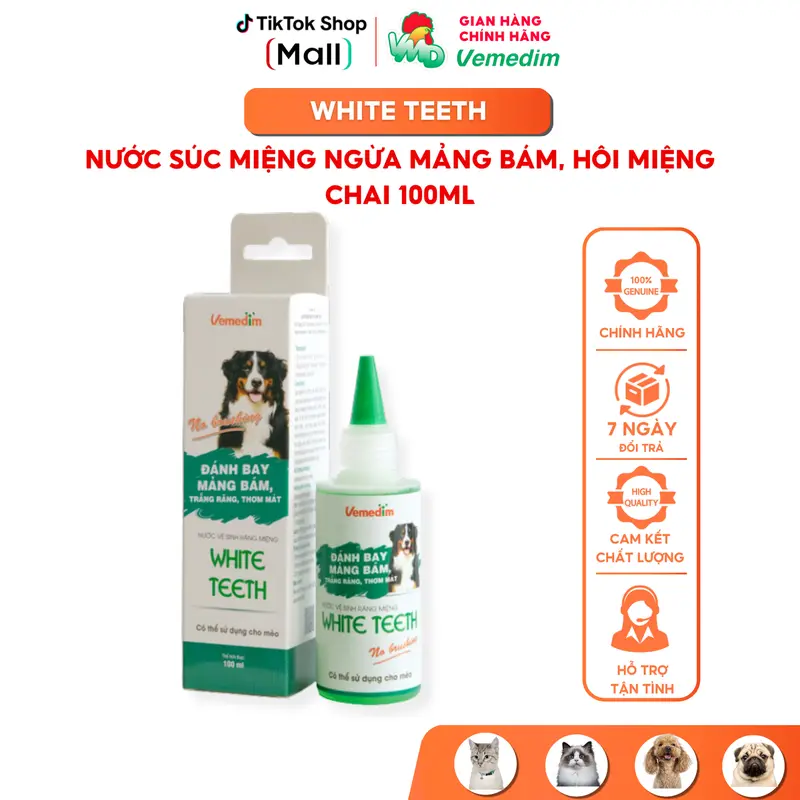 Vemedim White Teeth - Nước súc miệng đánh bay mảng bám, trắng răng, thơm mát dùng cho chó, mèo, Chai 100ml 0