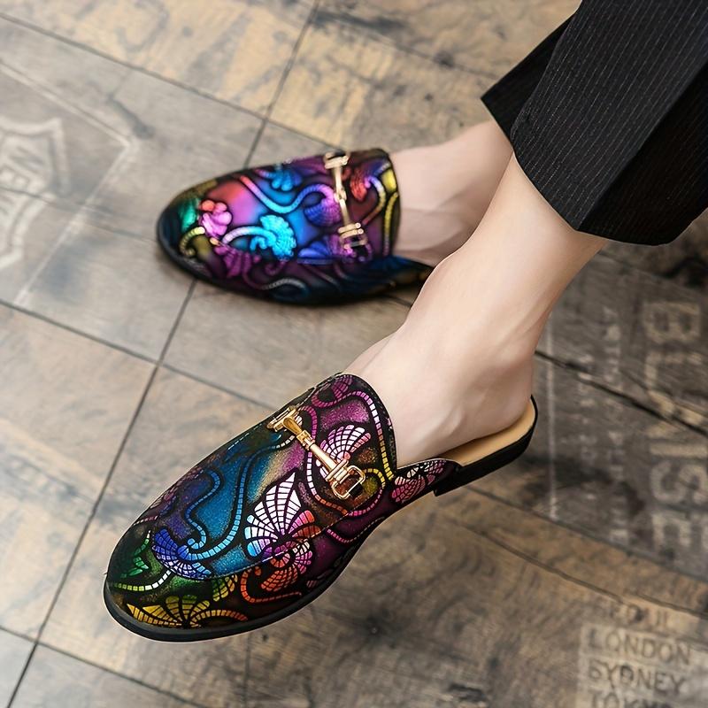 Men'S Casual Outdoor Trendy Slip-On Loafers with Colorful Pattern, Pointed Toe, All-Season, Spring/Summer/Fall/Winter, Daily & Casual, Party, Street Wear, Golden Accents, Faux Upper & Inner, Rubber Sole, Faux Insole 2