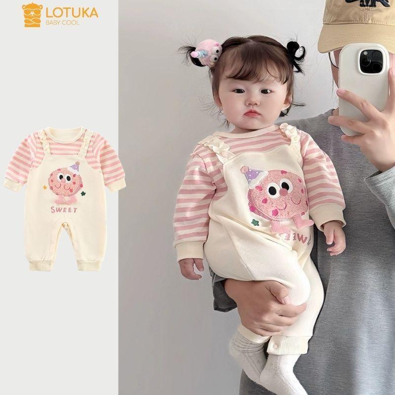  Bodysuit Yếm In Kẹo Hồng Lót Lông Nhung Ấm Áp Cho Bé Set LOTUKA Bé Trai Bé Gái Quần Áo Trẻ Em Thu Đông Size 3-12kg 