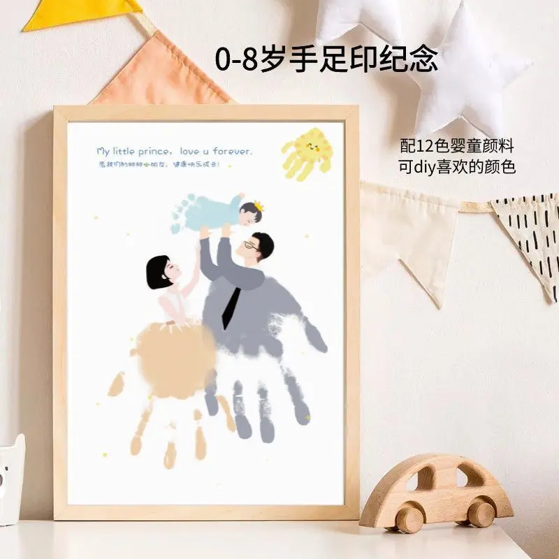 [1869 People Collected] Family of Three Handprint Painting Baby Full Moon Hundred Days Souvenir Creative Hand and Footprint DIY Oil Painting First Birthday Hand and Footprint