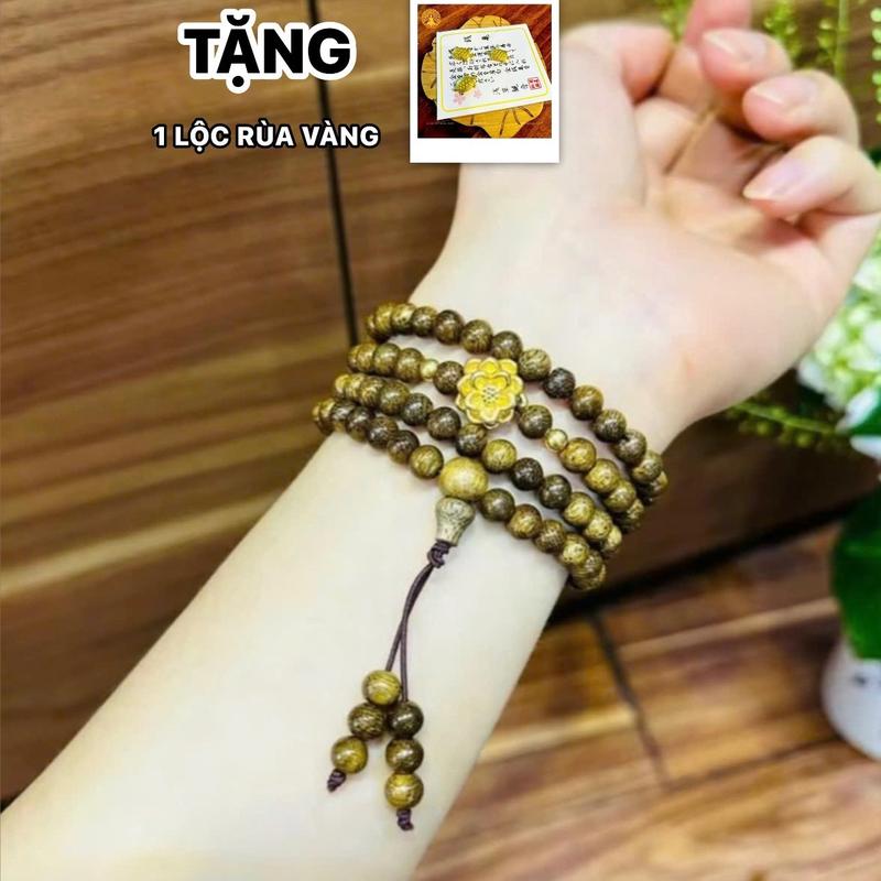 [TẶNG LỘC RÙA VÀNG] Vòng Tay Trầm Hương 108 Hạt Size 6Li Mix Charm Hoa Sen MẠ VÀNG - Kèm Túi Gấm Đựng Vòng Phụ Kiện
