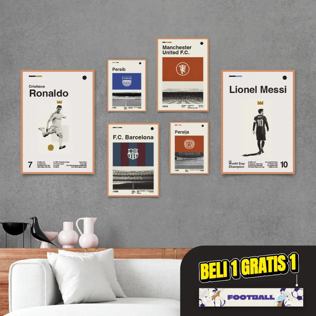 Hiasan Dinding Aesthetic Poster Sepak Bola Club Minimalis Walldecor Pajangan Retro Vintage Dekorasi MDF 6mm Cetak HD Gantungan Besi