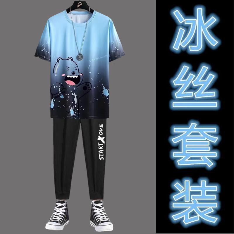 Product Introduction of 2PCS Men Suit Fashion All-Match Sports Running Fitness Top Pants Thin Casual Sports Suit Ice Silk Short Sleeve New Gradient T-shirt Cropped Pants Casual Pants 16
