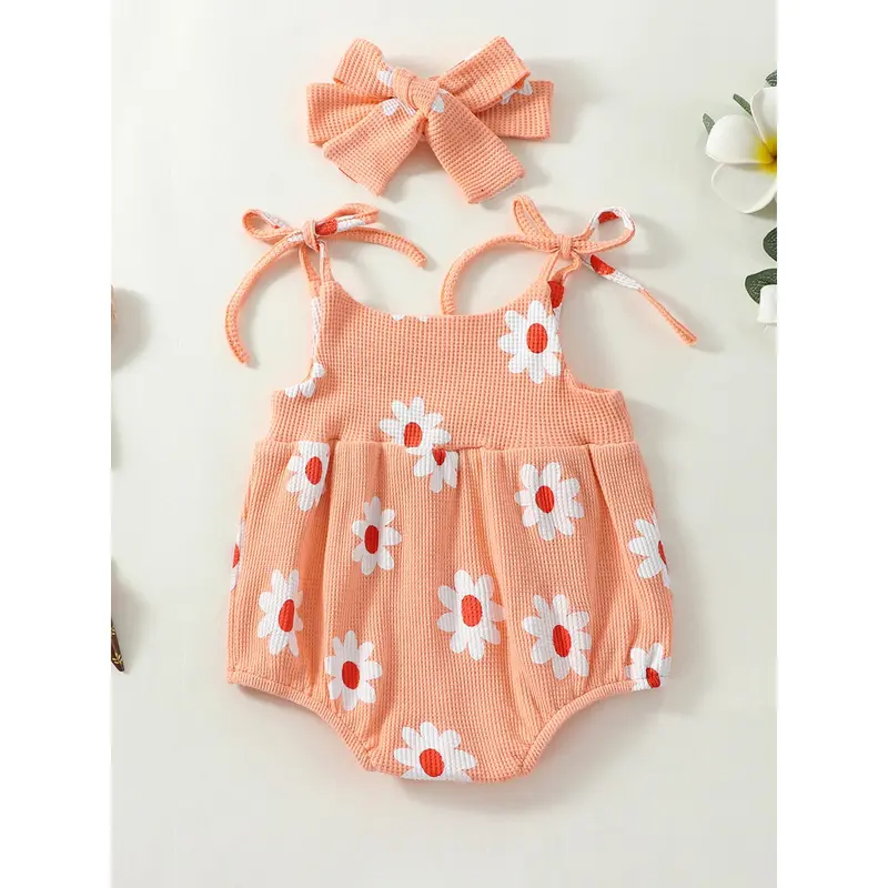 Bộ Áo Jumpsuit Quần Cho Em Bé Gái, Không Tay, In Hoa, Áo Liền Quần Và Băng Đô 4