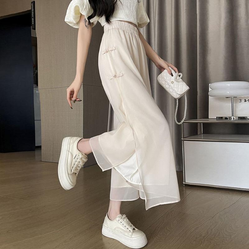Quần Ống Rộng Voan, Phong Cách Trung Quốc Mới, Dành Cho Nữ, Bộ Sưu Tập Mùa Hè 2024, Quần Cropped Dáng Rộng Thường Ngày Quần Váy Cổ Tích Mỏng Chảy 4